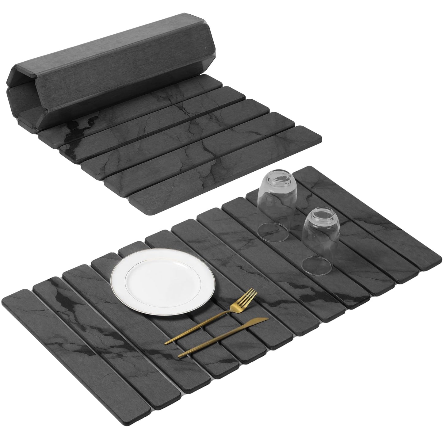 Large Stone Dish Drying Mat for Kitchen Counter, Quick Dry Stone Dishes Mats,Foldable Water Absorbing Diatomaceous Earth Drying Organizer Pad for Plate Rack Bottles Utensils(Dark Gray 24"×16" & 8"x4")