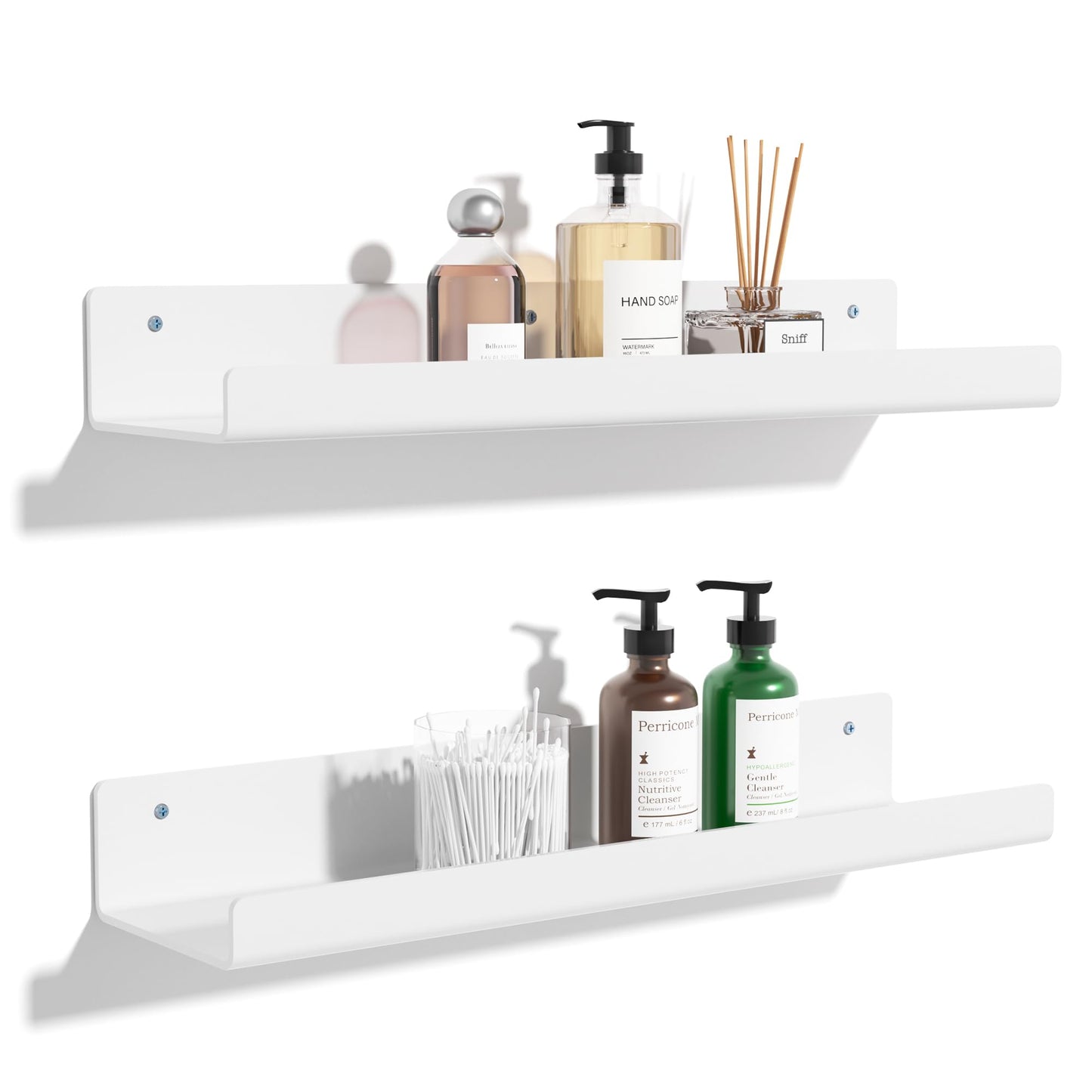 upsimples Acrylic Shelves for Bathroom Storage, 15" Floating Shelves Wall Organizer for Perfume, Make up, Skincare, Kids Bookshelf for Bedroom, Nursery, Living Room Decor, Clear, 4 Pack