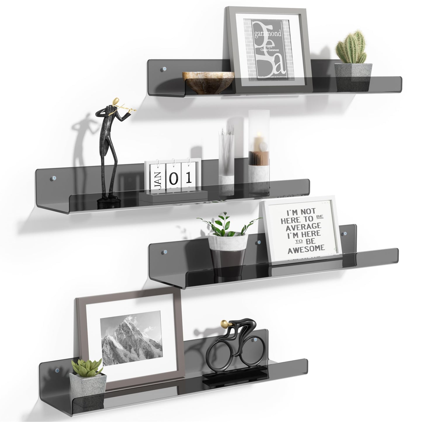 upsimples Acrylic Shelves for Bathroom Storage, 15" Floating Shelves Wall Organizer for Perfume, Make up, Skincare, Kids Bookshelf for Bedroom, Nursery, Living Room Decor, Clear, 4 Pack
