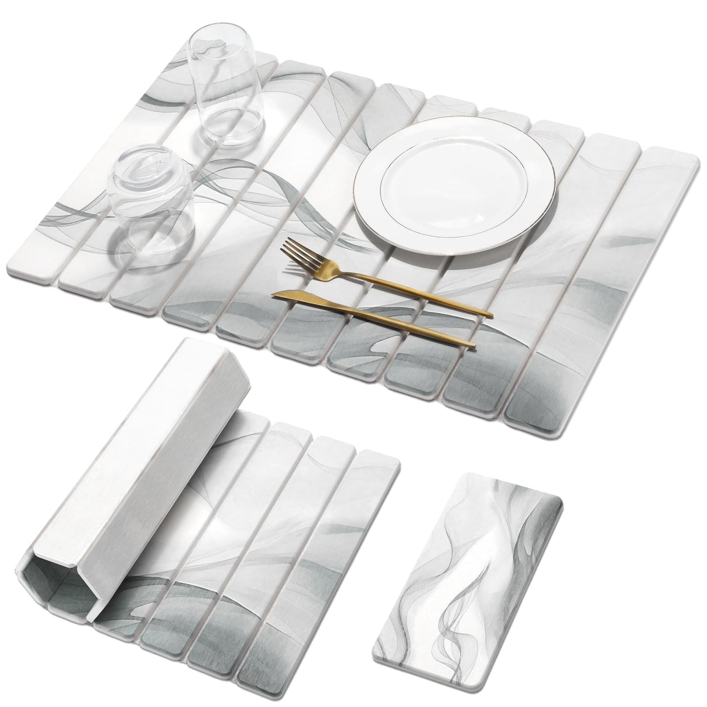 Large Stone Dish Drying Mat for Kitchen Counter, Quick Dry Stone Dishes Mats,Foldable Water Absorbing Diatomaceous Earth Drying Organizer Pad for Plate Rack Bottles Utensils(Dark Gray 24"×16" & 8"x4")