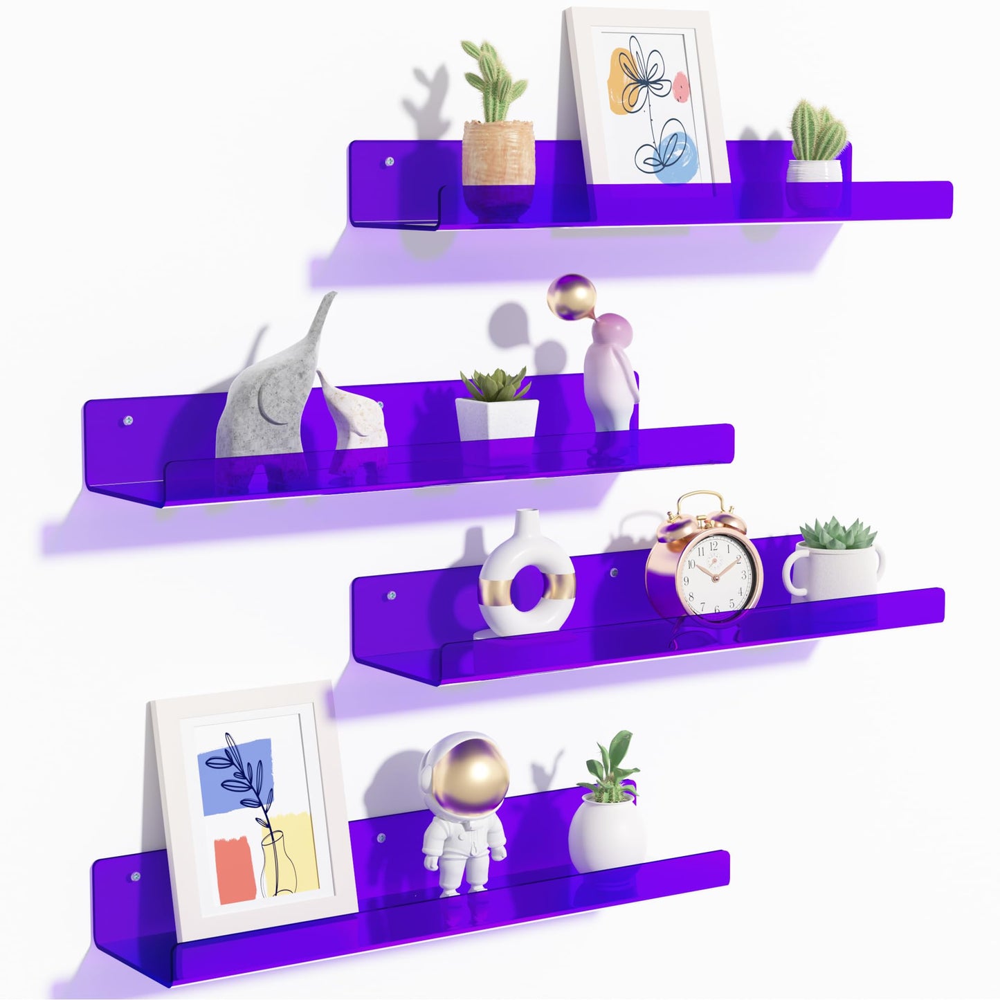 upsimples Acrylic Shelves for Bathroom Storage, 15" Floating Shelves Wall Organizer for Perfume, Make up, Skincare, Kids Bookshelf for Bedroom, Nursery, Living Room Decor, Clear, 4 Pack