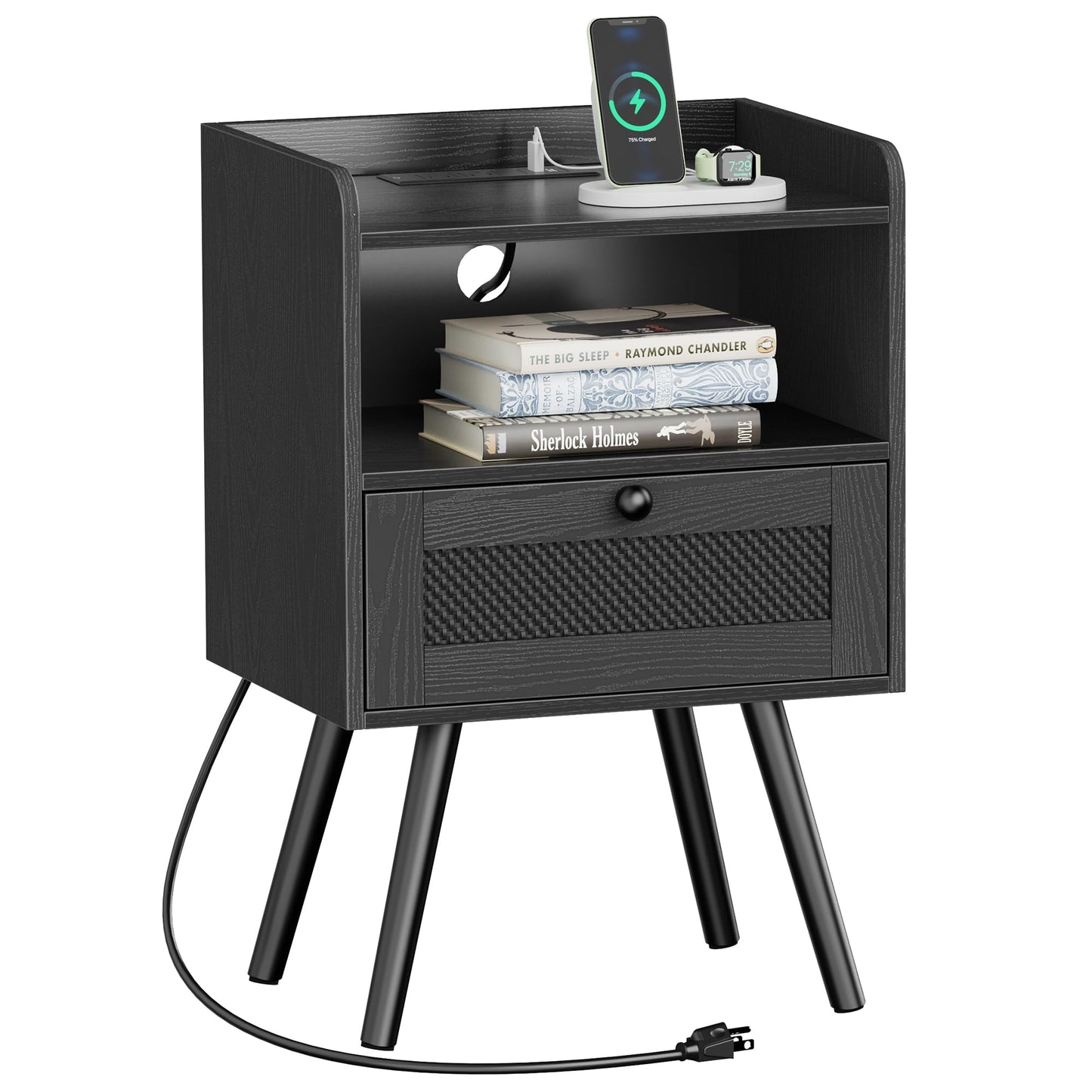 SUPERJARE Nightstands Set of 2, Night Stands with Charging Station & PE Rattan Decor Drawer, Bed Side Tables with Solid Wood Feet, End Table, for Bedroom, Living Room - Natural