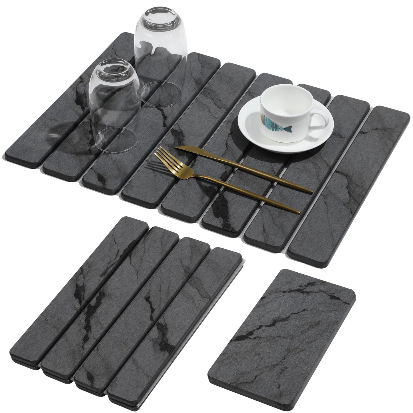 Large Stone Dish Drying Mat for Kitchen Counter, Quick Dry Stone Dishes Mats,Foldable Water Absorbing Diatomaceous Earth Drying Organizer Pad for Plate Rack Bottles Utensils(Dark Gray 24"×16" & 8"x4")