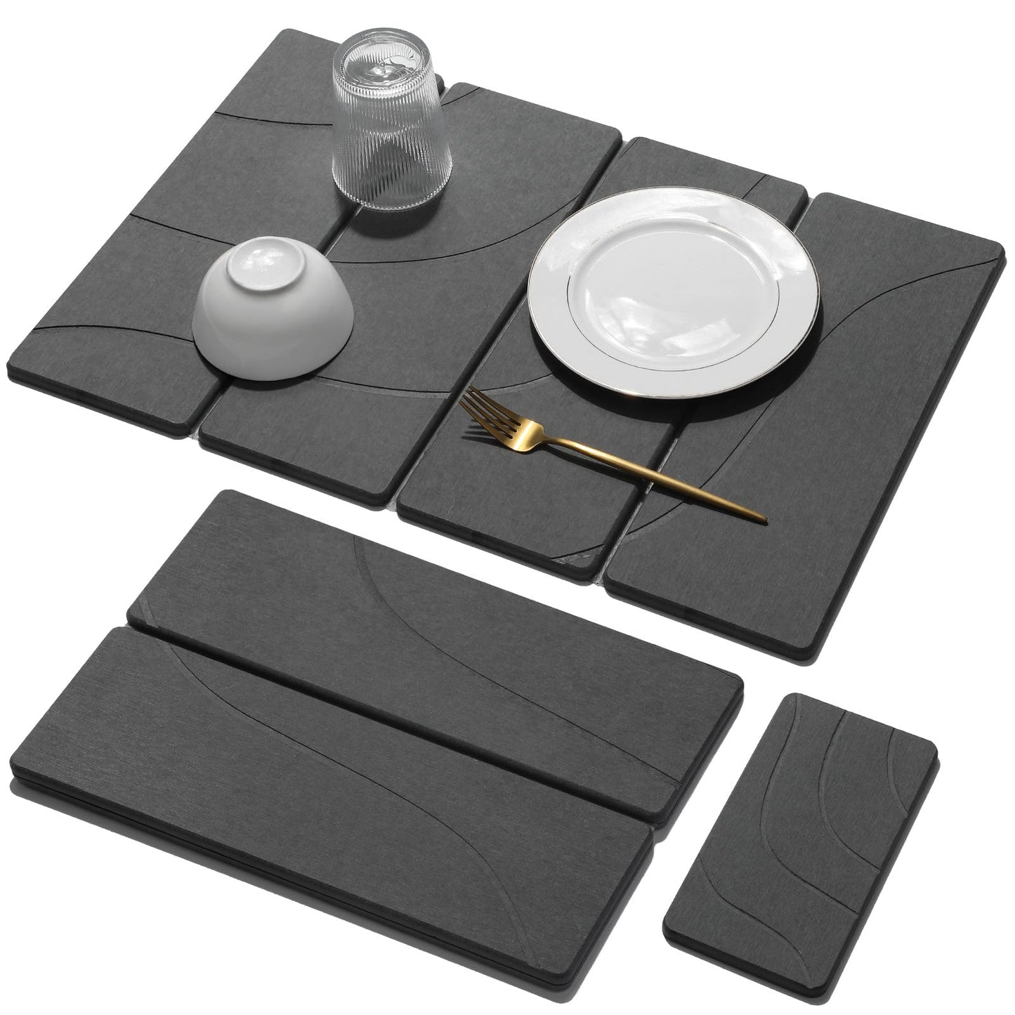 Large Stone Dish Drying Mat for Kitchen Counter, Quick Dry Stone Dishes Mats,Foldable Water Absorbing Diatomaceous Earth Drying Organizer Pad for Plate Rack Bottles Utensils(Dark Gray 24"×16" & 8"x4")