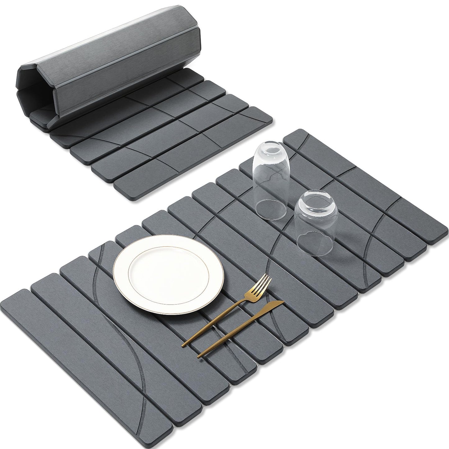 Large Stone Dish Drying Mat for Kitchen Counter, Quick Dry Stone Dishes Mats,Foldable Water Absorbing Diatomaceous Earth Drying Organizer Pad for Plate Rack Bottles Utensils(Dark Gray 24"×16" & 8"x4")