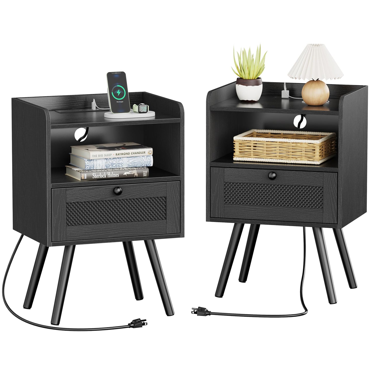 SUPERJARE Nightstands Set of 2, Night Stands with Charging Station & PE Rattan Decor Drawer, Bed Side Tables with Solid Wood Feet, End Table, for Bedroom, Living Room - Natural