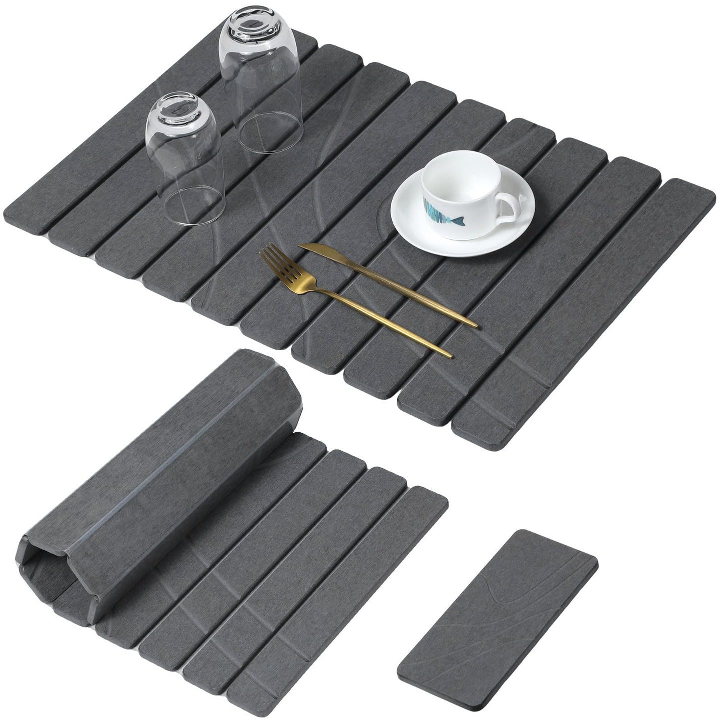 Large Stone Dish Drying Mat for Kitchen Counter, Quick Dry Stone Dishes Mats,Foldable Water Absorbing Diatomaceous Earth Drying Organizer Pad for Plate Rack Bottles Utensils(Dark Gray 24"×16" & 8"x4")