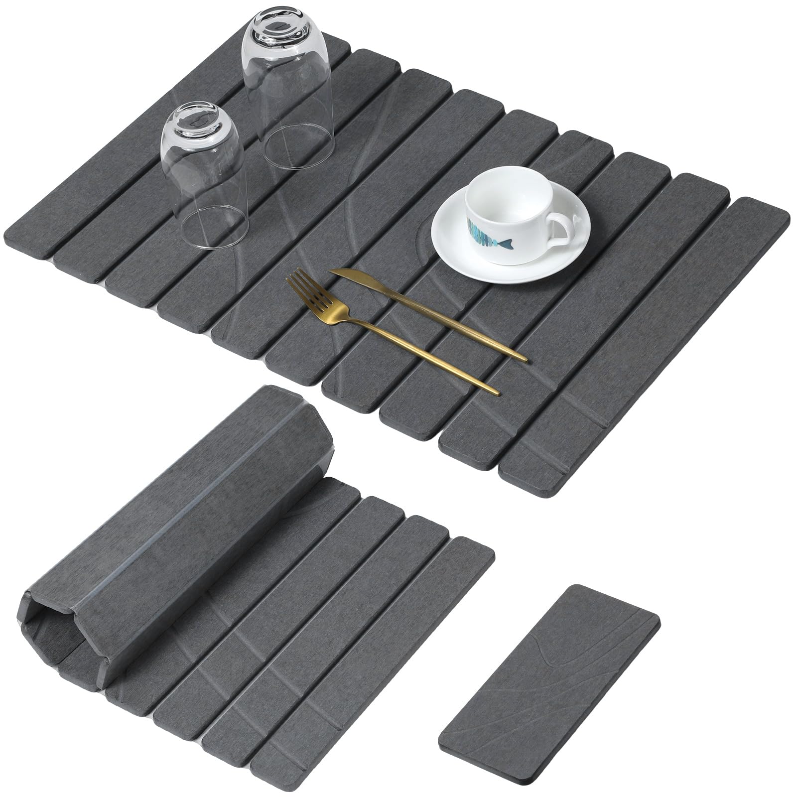 Large Stone Dish Drying Mat for Kitchen Counter, Quick Dry Stone Dishes Mats,Foldable Water Absorbing Diatomaceous Earth Drying Organizer Pad for Plate Rack Bottles Utensils(Dark Gray 24"×16" & 8"x4")