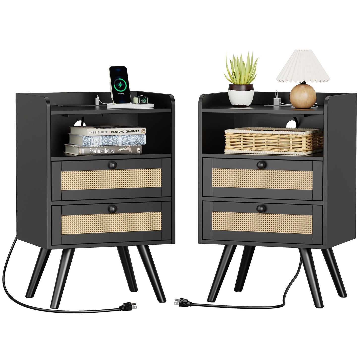 SUPERJARE Nightstands Set of 2, Night Stands with Charging Station & PE Rattan Decor Drawer, Bed Side Tables with Solid Wood Feet, End Table, for Bedroom, Living Room - Natural