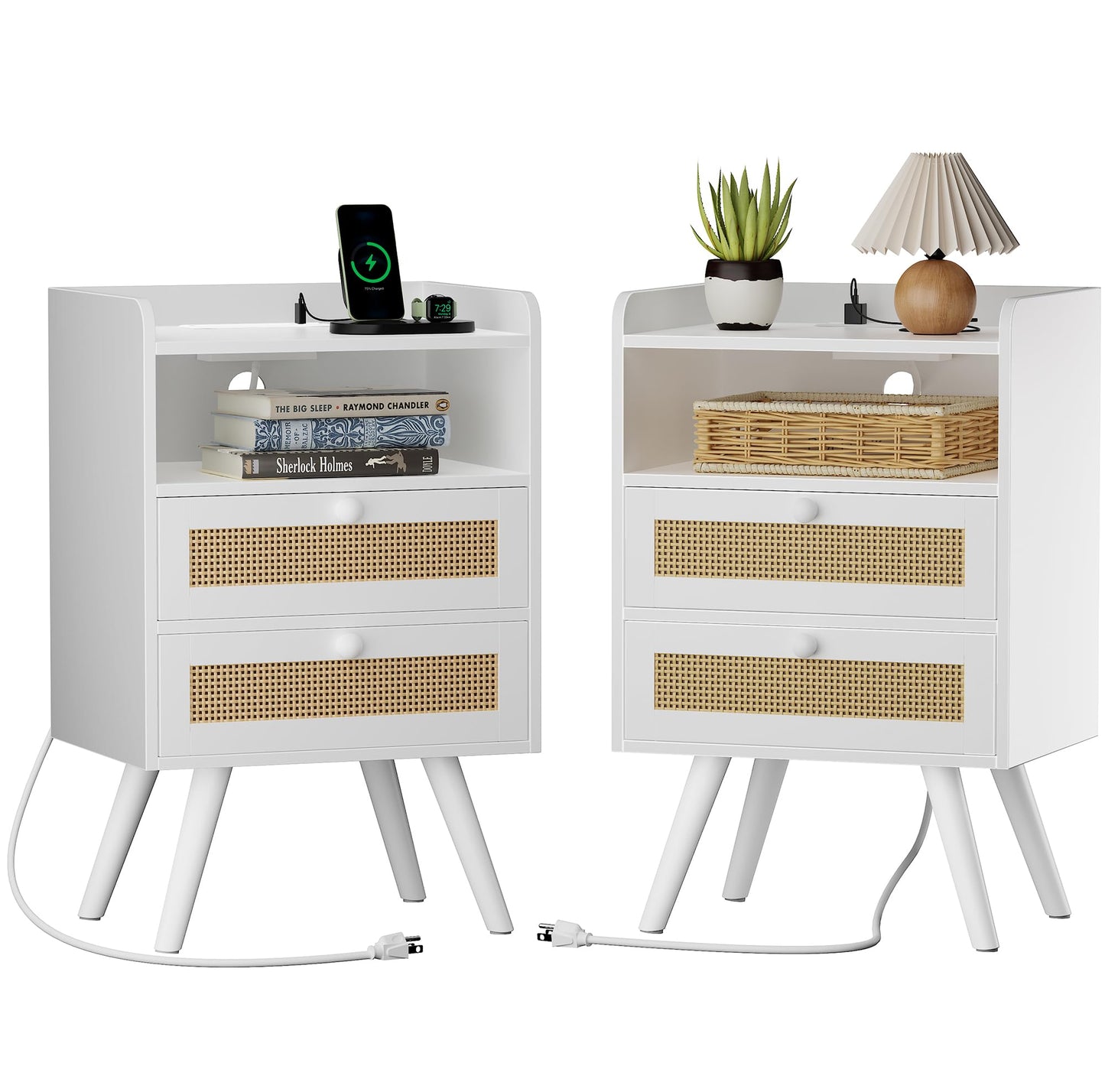 SUPERJARE Nightstands Set of 2, Night Stands with Charging Station & PE Rattan Decor Drawer, Bed Side Tables with Solid Wood Feet, End Table, for Bedroom, Living Room - Natural