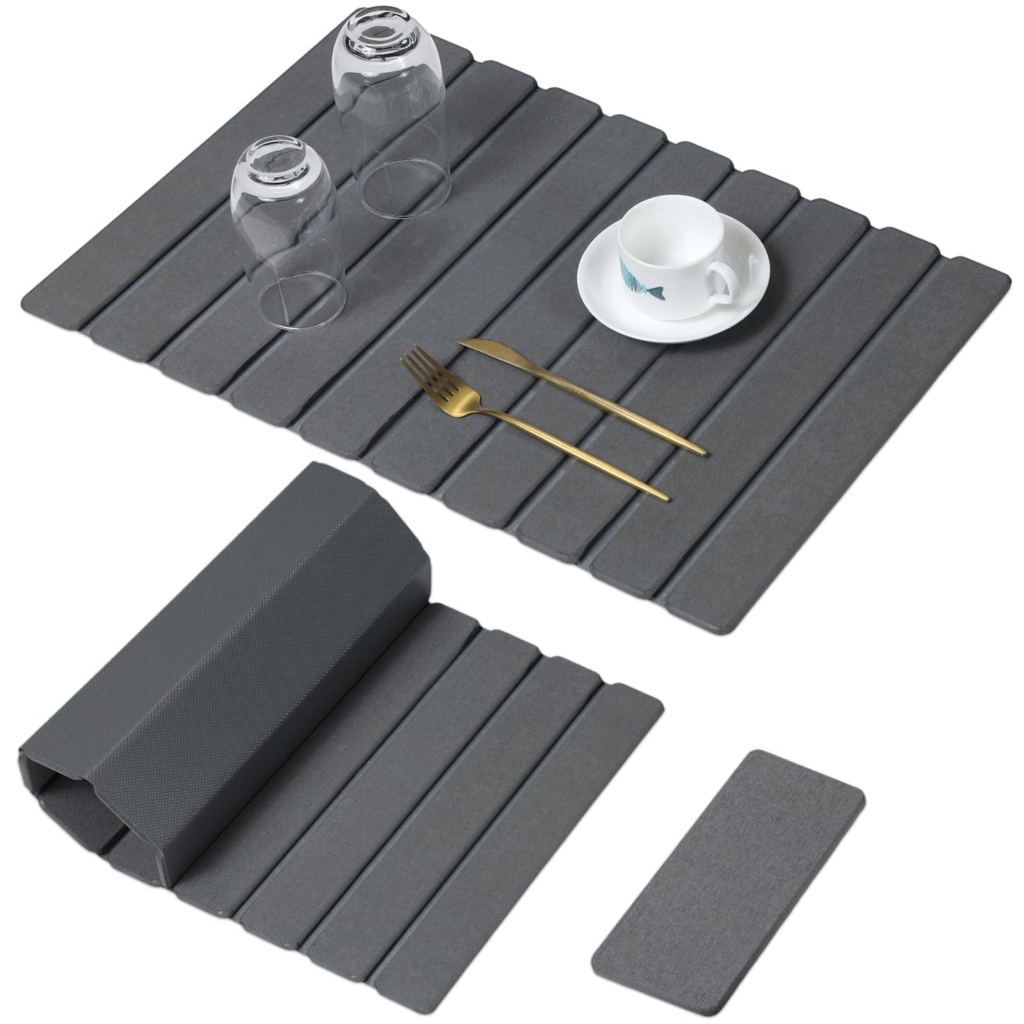 Large Stone Dish Drying Mat for Kitchen Counter, Quick Dry Stone Dishes Mats,Foldable Water Absorbing Diatomaceous Earth Drying Organizer Pad for Plate Rack Bottles Utensils(Dark Gray 24"×16" & 8"x4")