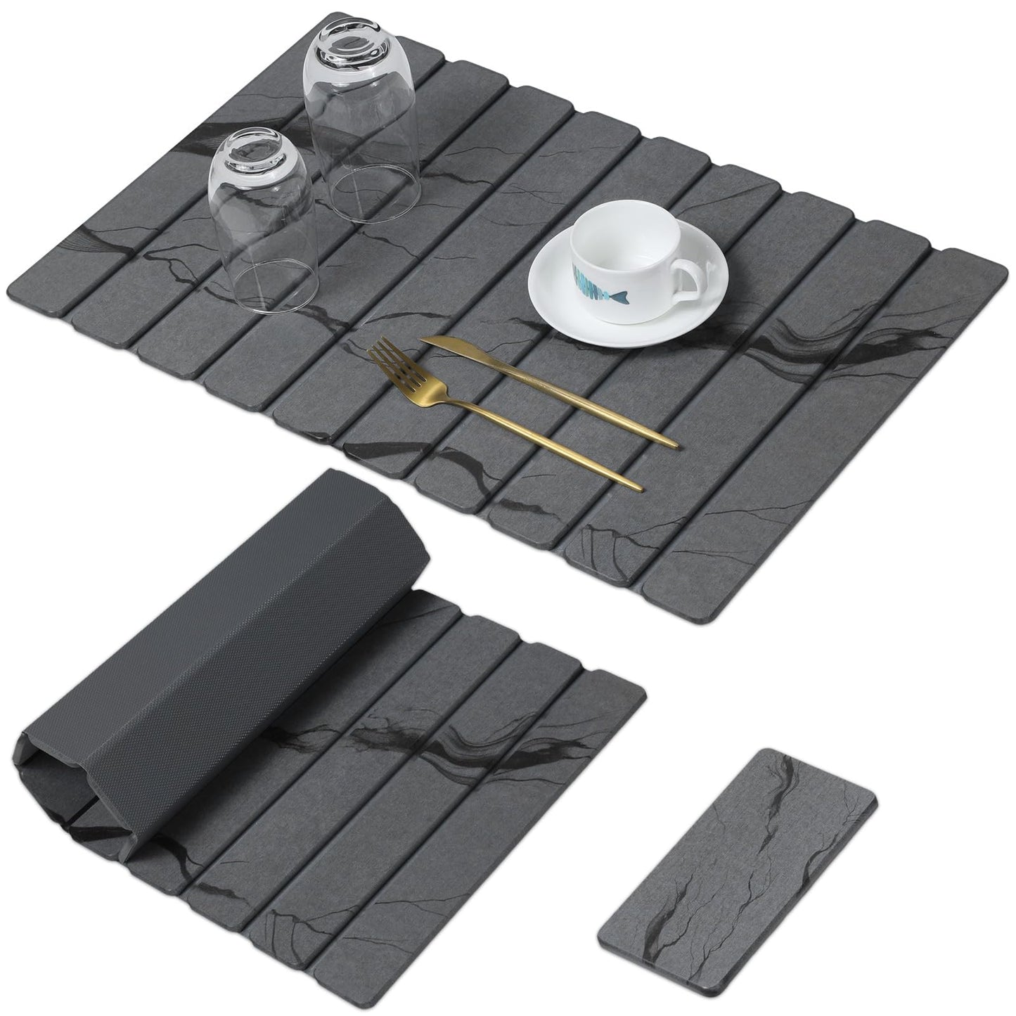 Large Stone Dish Drying Mat for Kitchen Counter, Quick Dry Stone Dishes Mats,Foldable Water Absorbing Diatomaceous Earth Drying Organizer Pad for Plate Rack Bottles Utensils(Dark Gray 24"×16" & 8"x4")