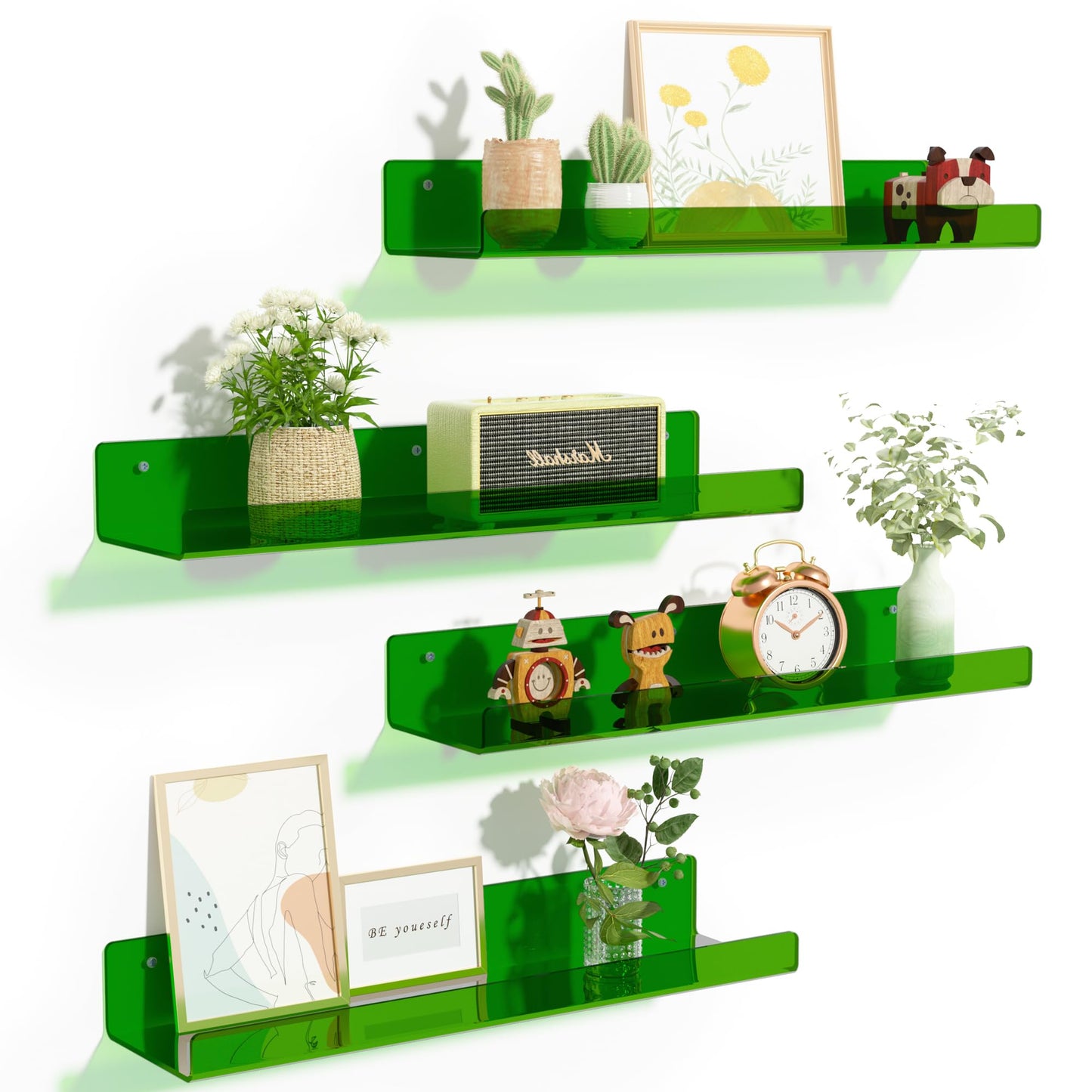 upsimples Acrylic Shelves for Bathroom Storage, 15" Floating Shelves Wall Organizer for Perfume, Make up, Skincare, Kids Bookshelf for Bedroom, Nursery, Living Room Decor, Clear, 4 Pack