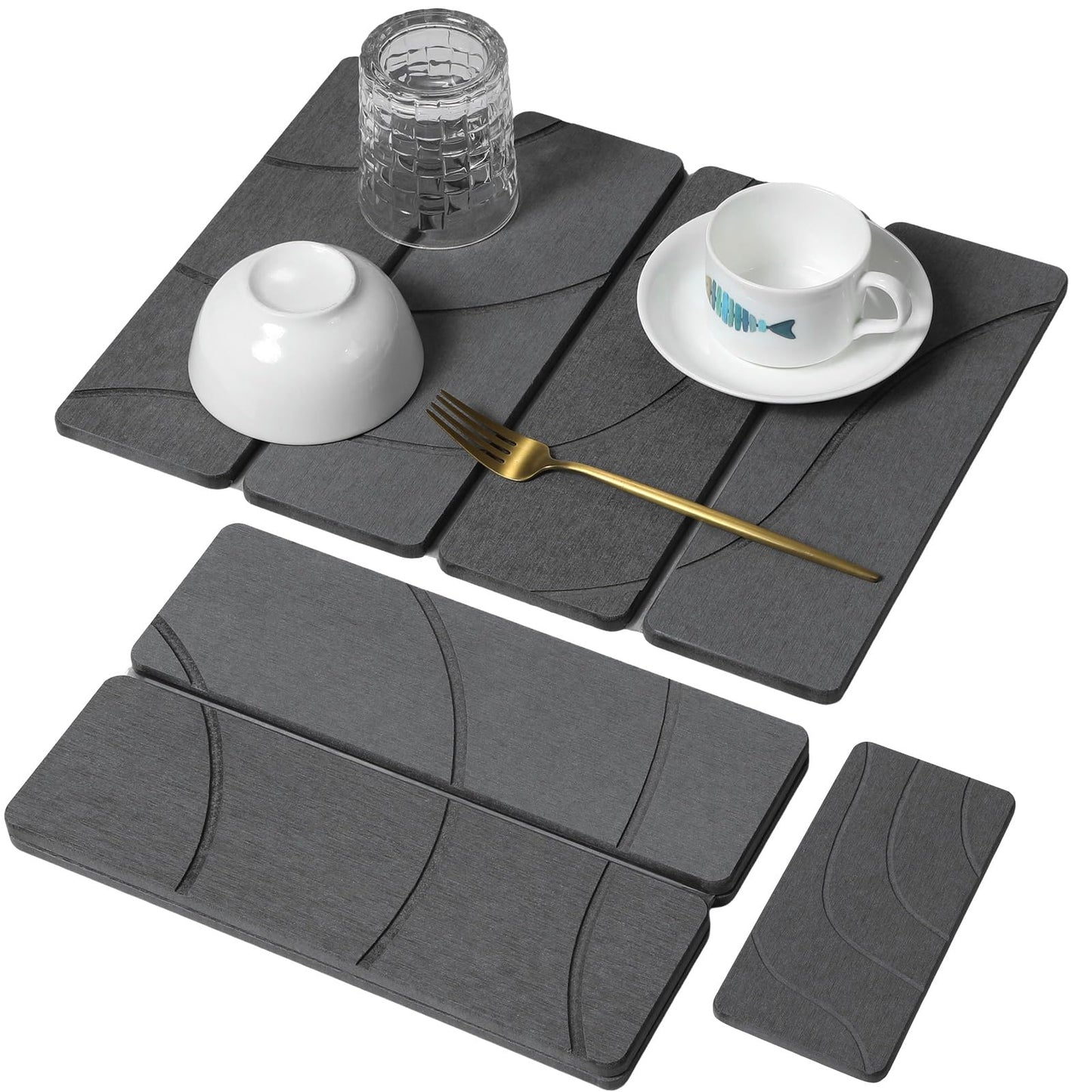 Large Stone Dish Drying Mat for Kitchen Counter, Quick Dry Stone Dishes Mats,Foldable Water Absorbing Diatomaceous Earth Drying Organizer Pad for Plate Rack Bottles Utensils(Dark Gray 24"×16" & 8"x4")