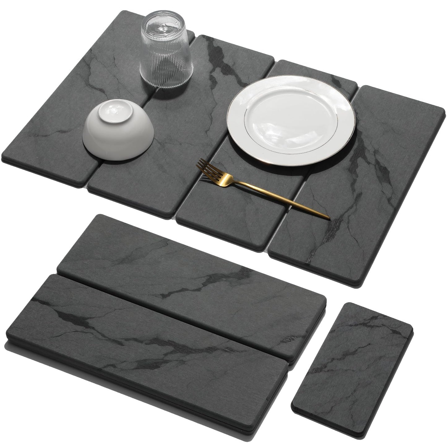 Large Stone Dish Drying Mat for Kitchen Counter, Quick Dry Stone Dishes Mats,Foldable Water Absorbing Diatomaceous Earth Drying Organizer Pad for Plate Rack Bottles Utensils(Dark Gray 24"×16" & 8"x4")