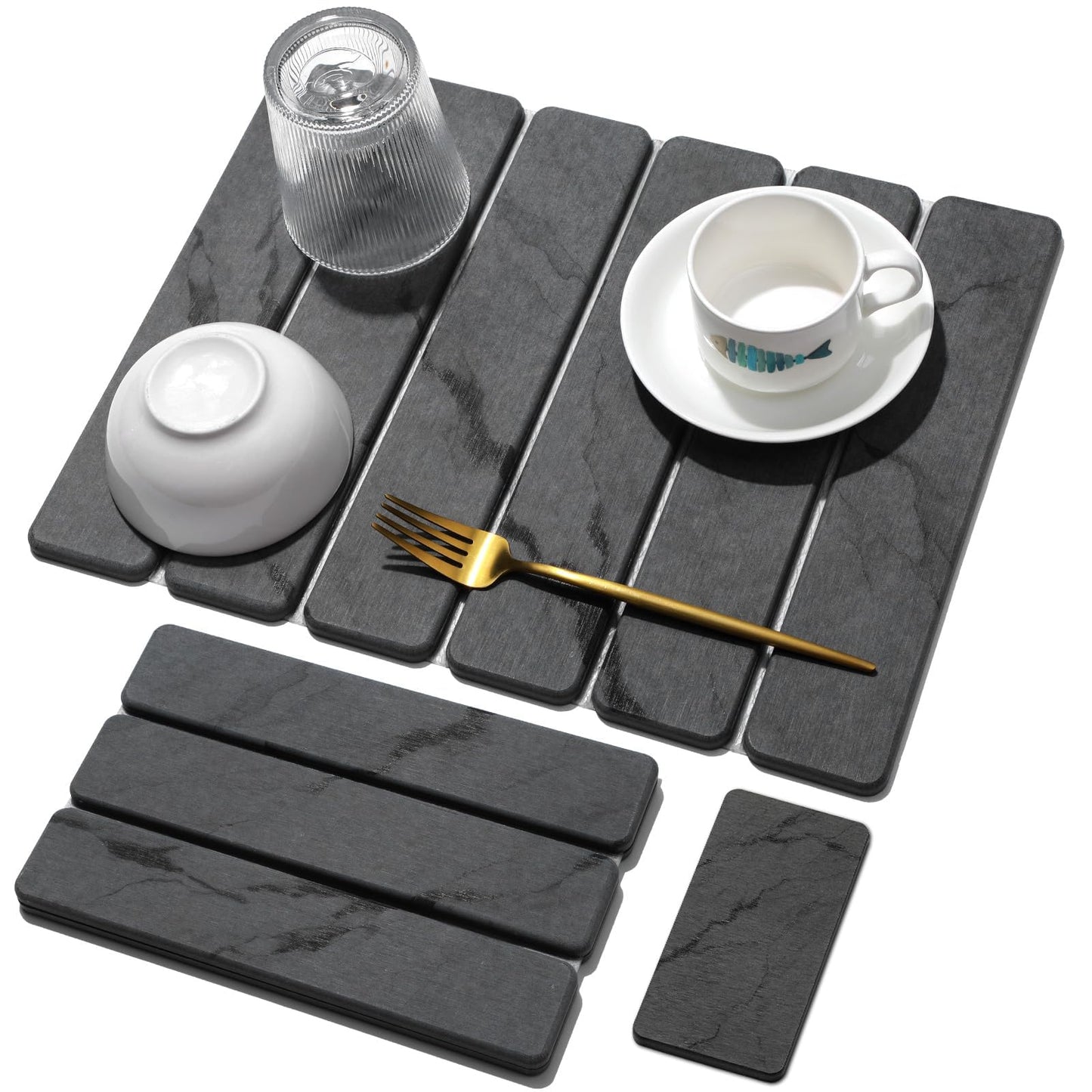 Large Stone Dish Drying Mat for Kitchen Counter, Quick Dry Stone Dishes Mats,Foldable Water Absorbing Diatomaceous Earth Drying Organizer Pad for Plate Rack Bottles Utensils(Dark Gray 24"×16" & 8"x4")