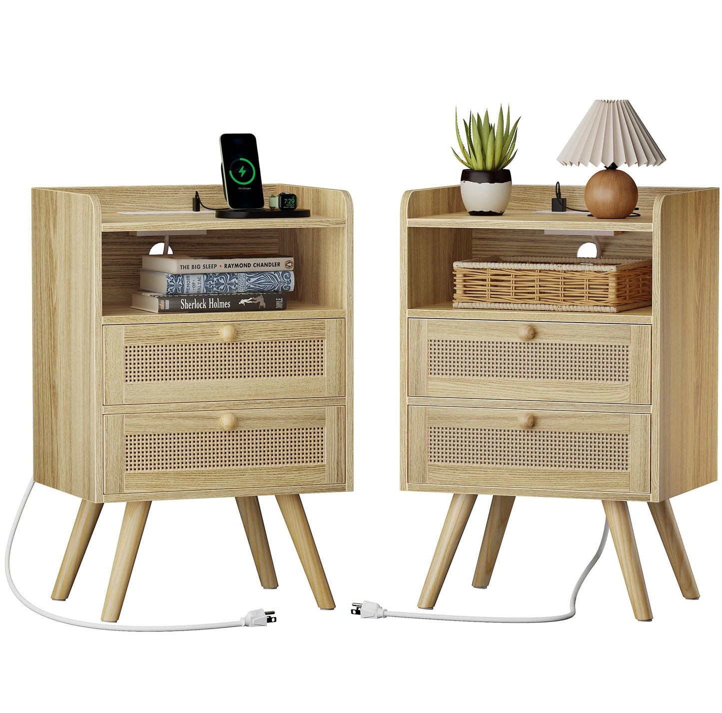 SUPERJARE Nightstands Set of 2, Night Stands with Charging Station & PE Rattan Decor Drawer, Bed Side Tables with Solid Wood Feet, End Table, for Bedroom, Living Room - Natural