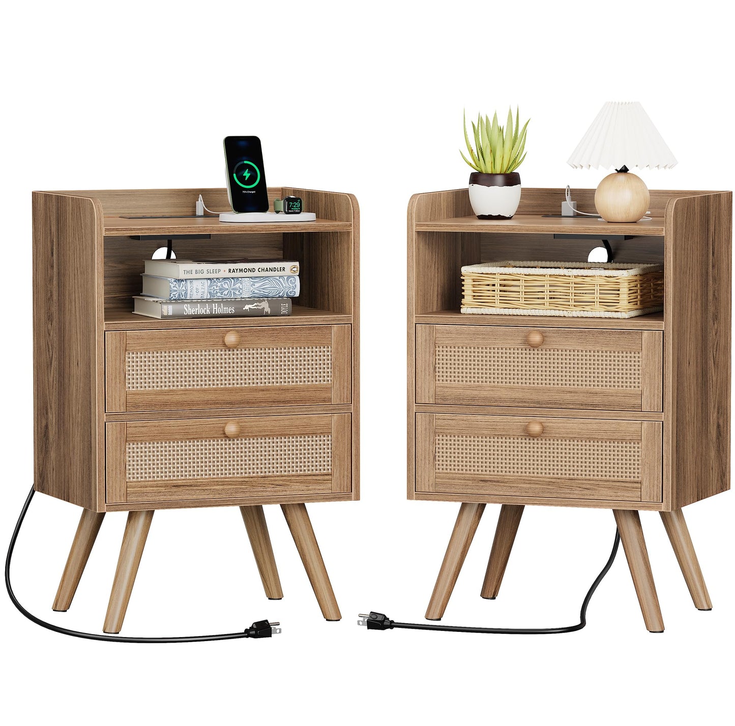 SUPERJARE Nightstands Set of 2, Night Stands with Charging Station & PE Rattan Decor Drawer, Bed Side Tables with Solid Wood Feet, End Table, for Bedroom, Living Room - Natural