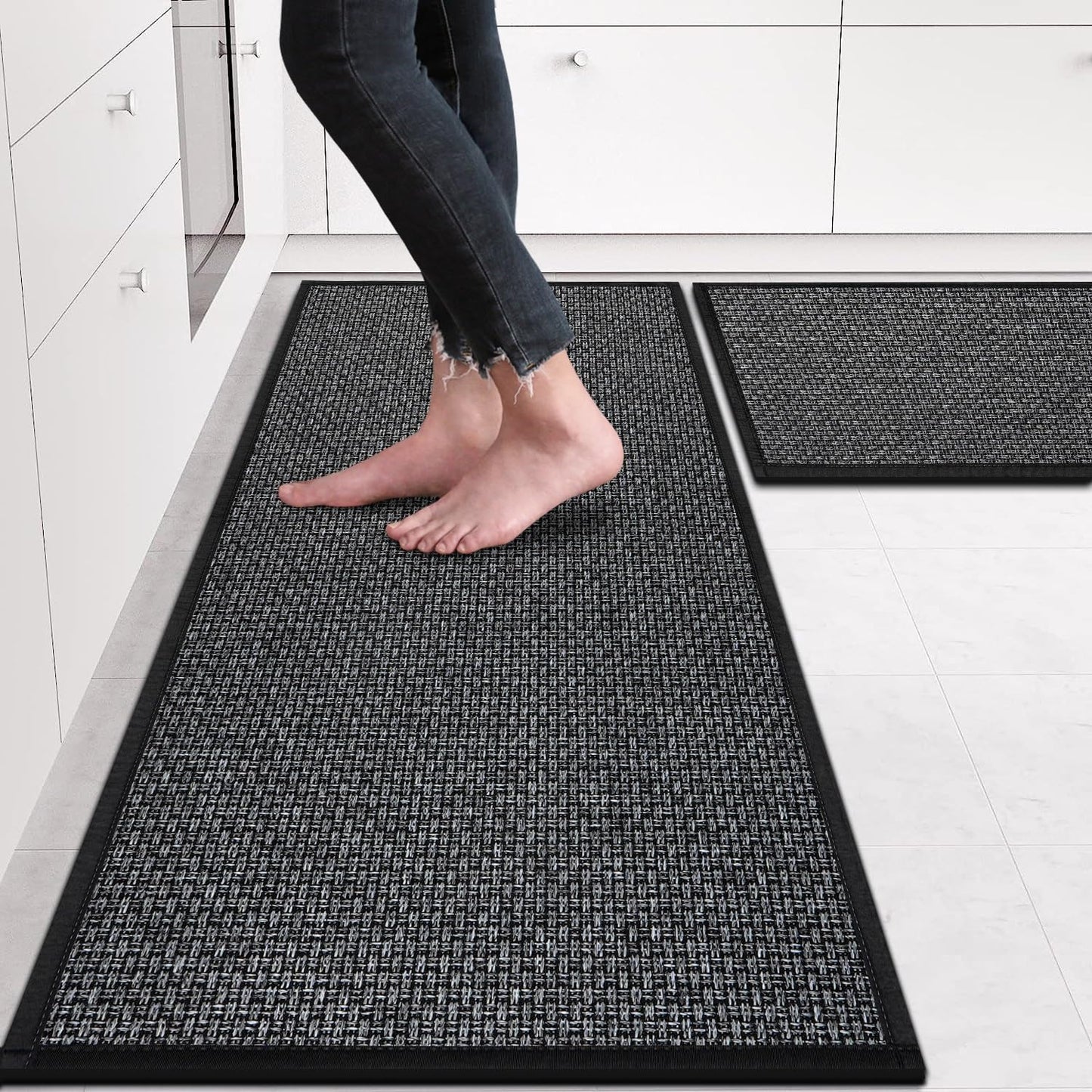 eqivei Kitchen Rugs and Mats Non Skid Washable Set of 2 PCS, Absorbent Runner Rugs for Kitchen, Front of Sink, Kitchen Mats for Floor, 17.3"x 47"+17.3"x 29" (Black)